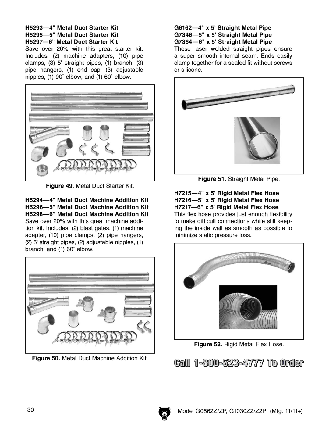 Grizzly G0562Z owner manual Metal Duct Starter Kit 