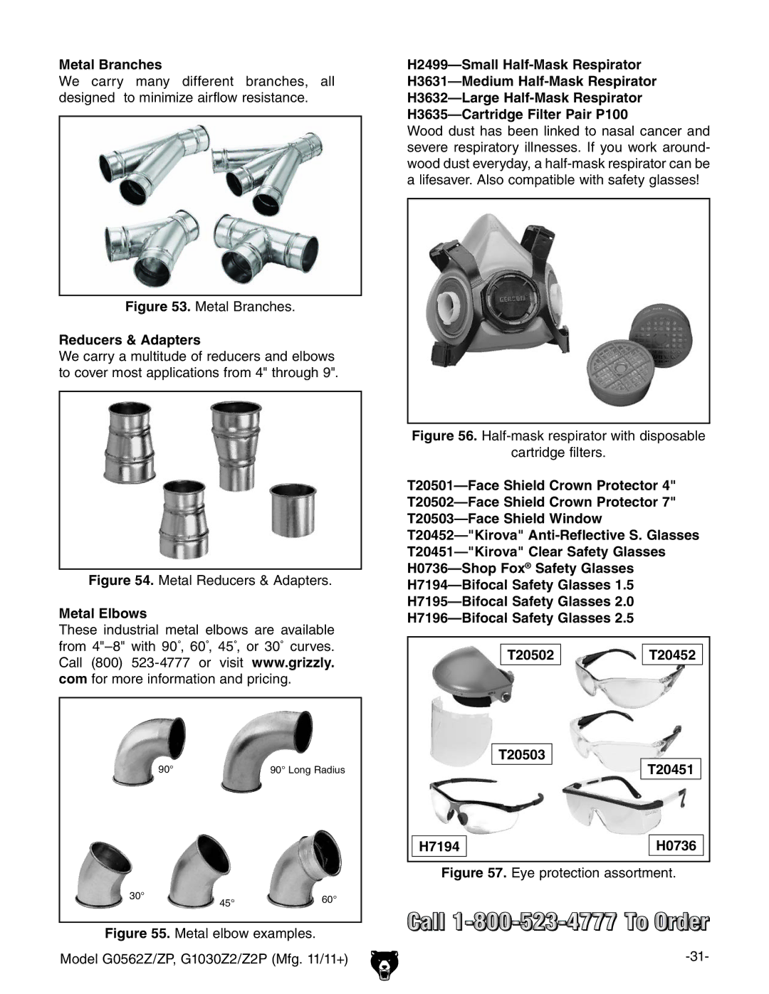 Grizzly G0562Z owner manual Metal Branches, Reducers & Adapters, Metal Elbows 