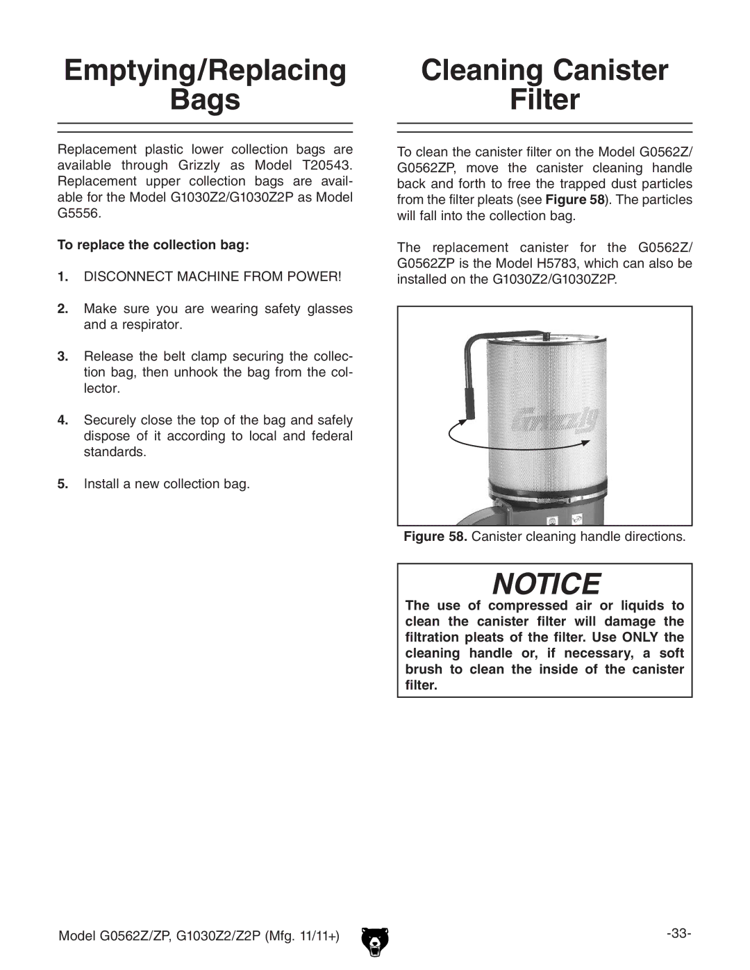 Grizzly G0562Z owner manual Emptying/Replacing, Bags, To replace the collection bag 