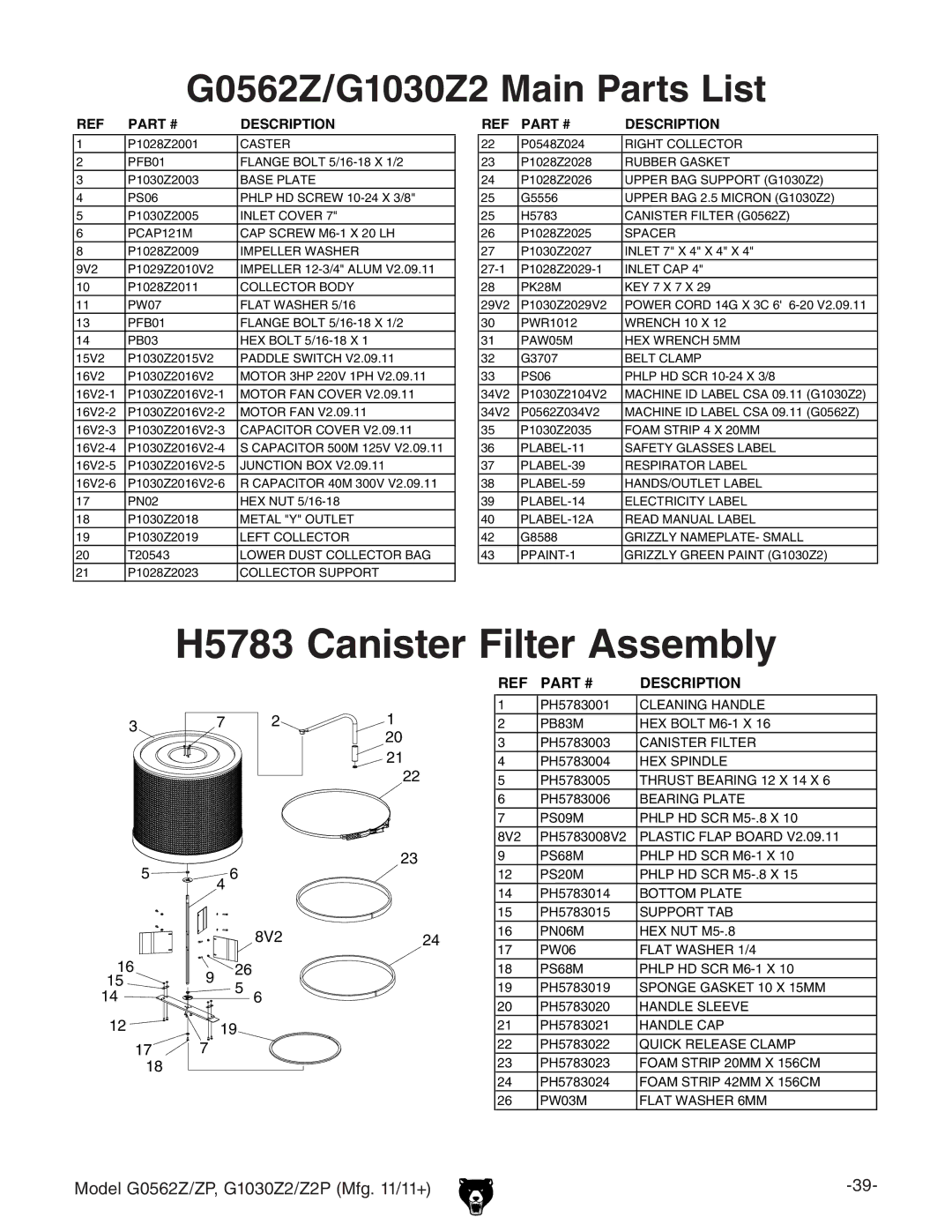 Grizzly owner manual G0562Z/G1030Z2 Main Parts List, Description 