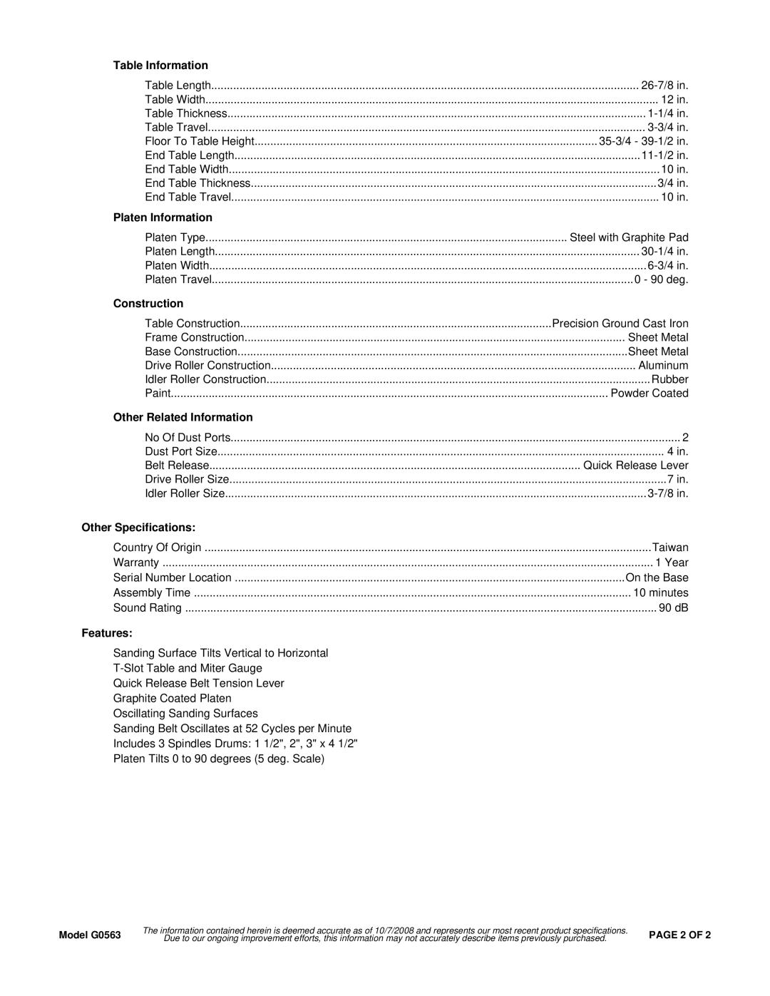 Grizzly G0563 Table Information, Platen Information, Construction, Other Related Information, Other Specifications 