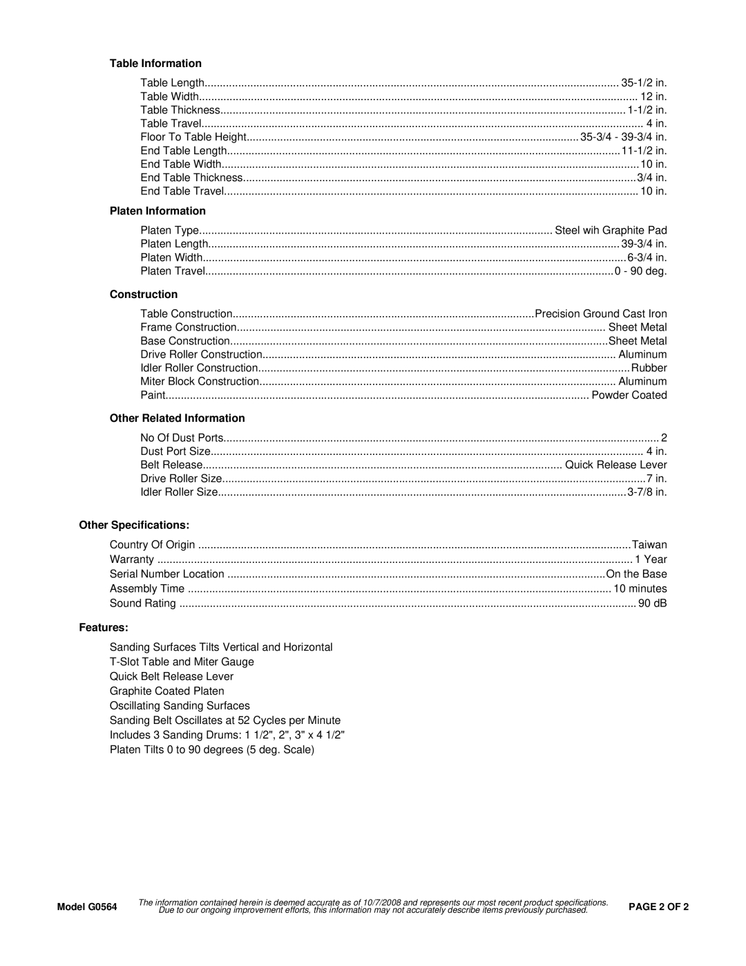 Grizzly G0564 Table Information, Platen Information, Construction, Other Related Information, Other Specifications 