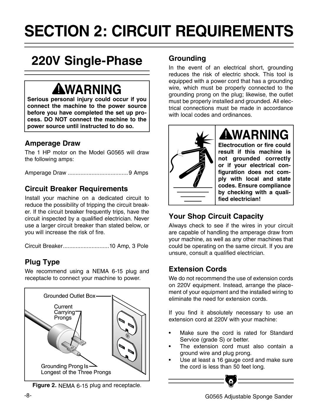 Grizzly G0565 instruction manual Circuit Requirements, 220V Single-Phase 