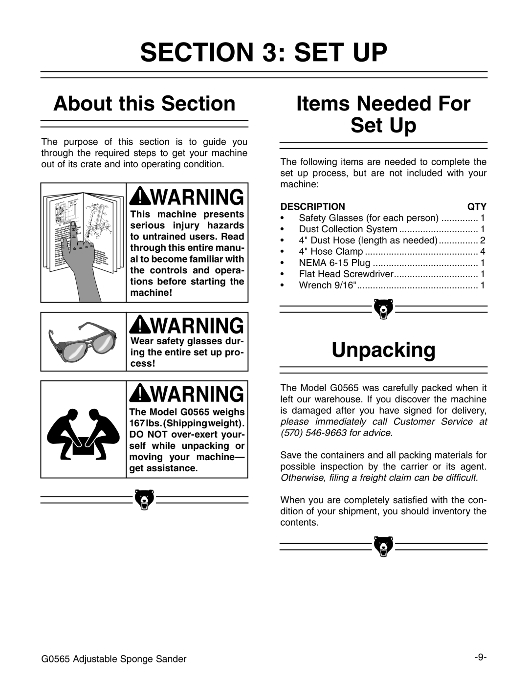 Grizzly G0565 instruction manual About this Section, Items Needed For Set Up, Unpacking 