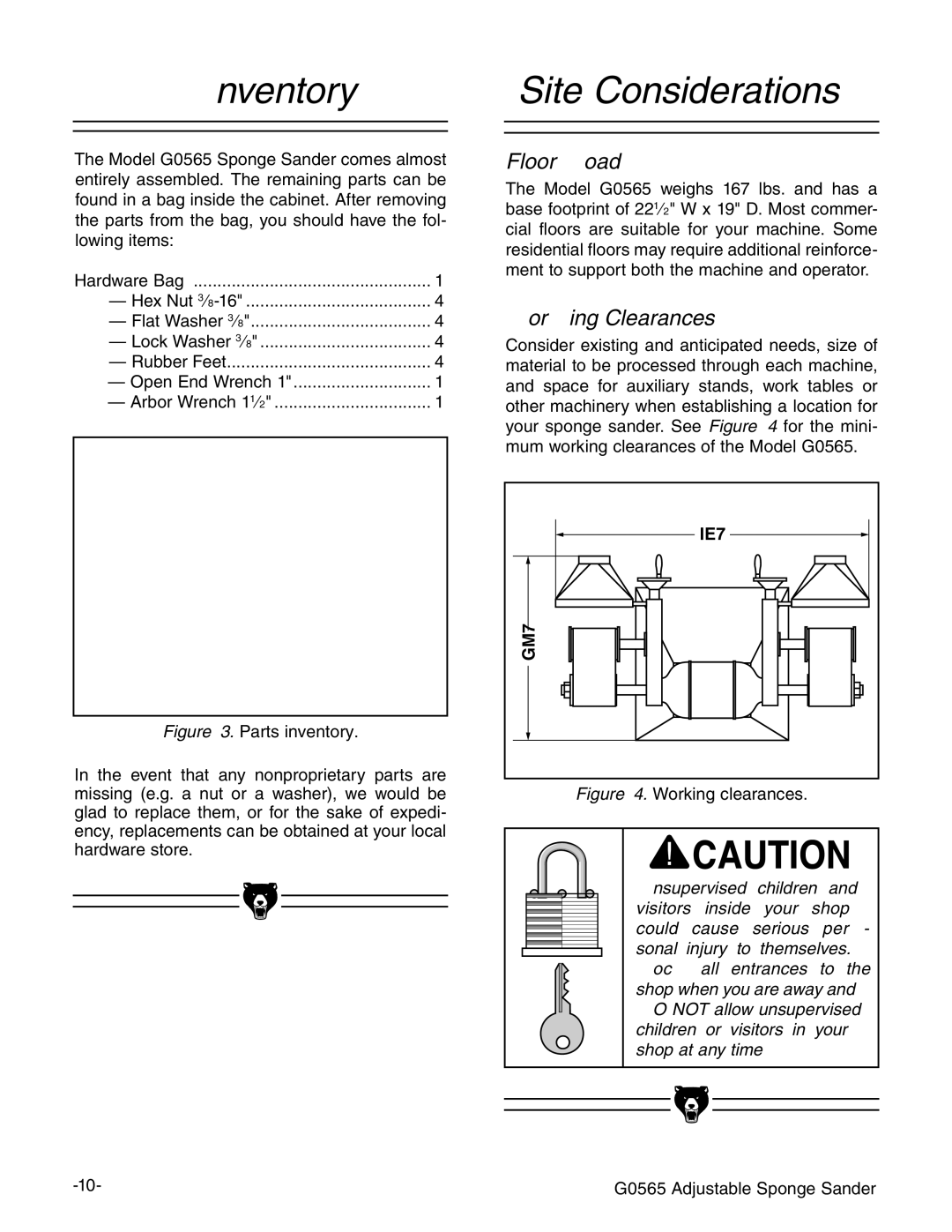 Grizzly G0565 instruction manual Inventory, Site Considerations 