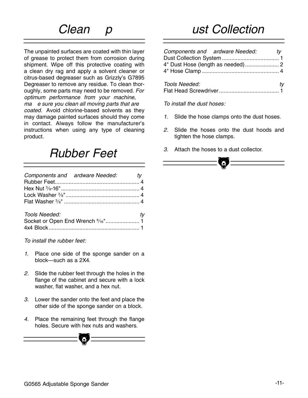 Grizzly G0565 instruction manual Clean Up, Rubber Feet, Dust Collection 