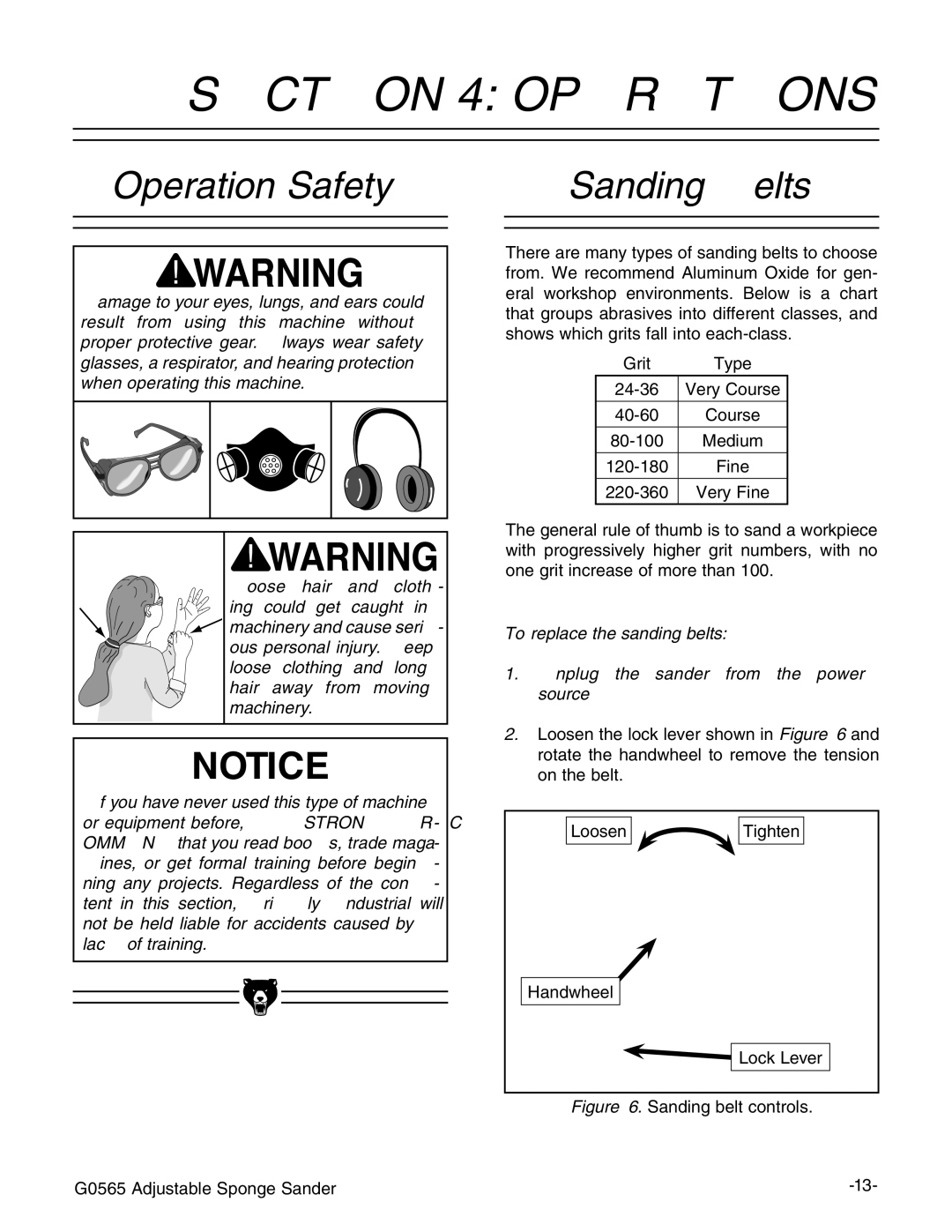 Grizzly G0565 instruction manual Operations, Operation Safety, Sanding Belts 