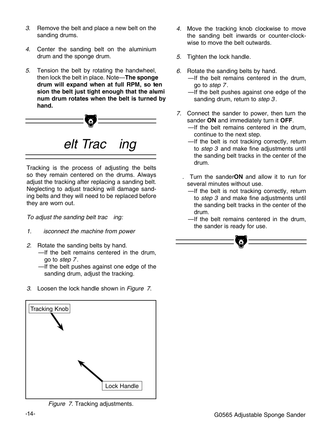 Grizzly instruction manual Belt Tracking, Tracking adjustments G0565 Adjustable Sponge Sander 