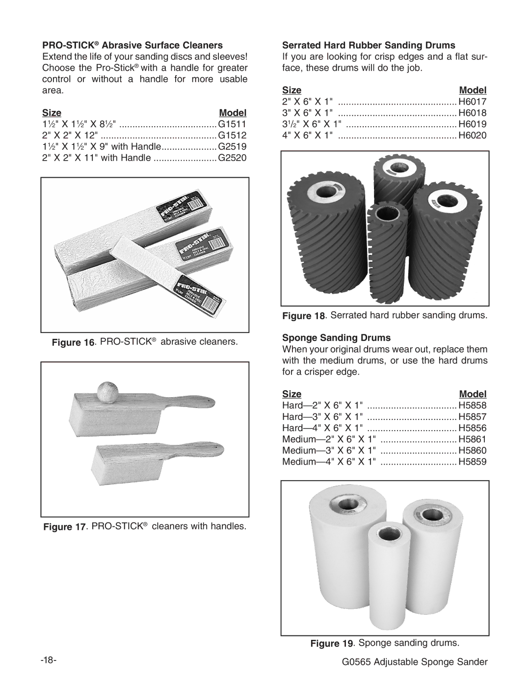 Grizzly G0565 instruction manual Size Model, Serrated Hard Rubber Sanding Drums, Sponge Sanding Drums 