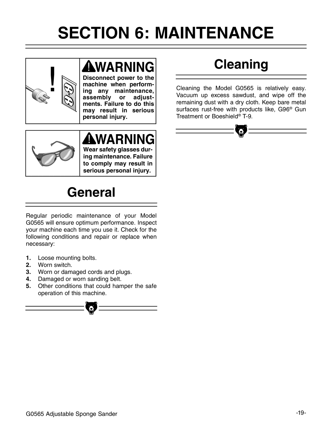 Grizzly G0565 instruction manual Maintenance, General, Cleaning 