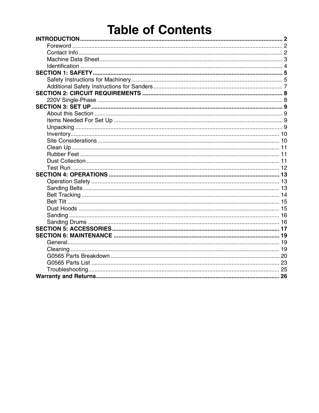 Grizzly G0565 instruction manual Table of Contents 