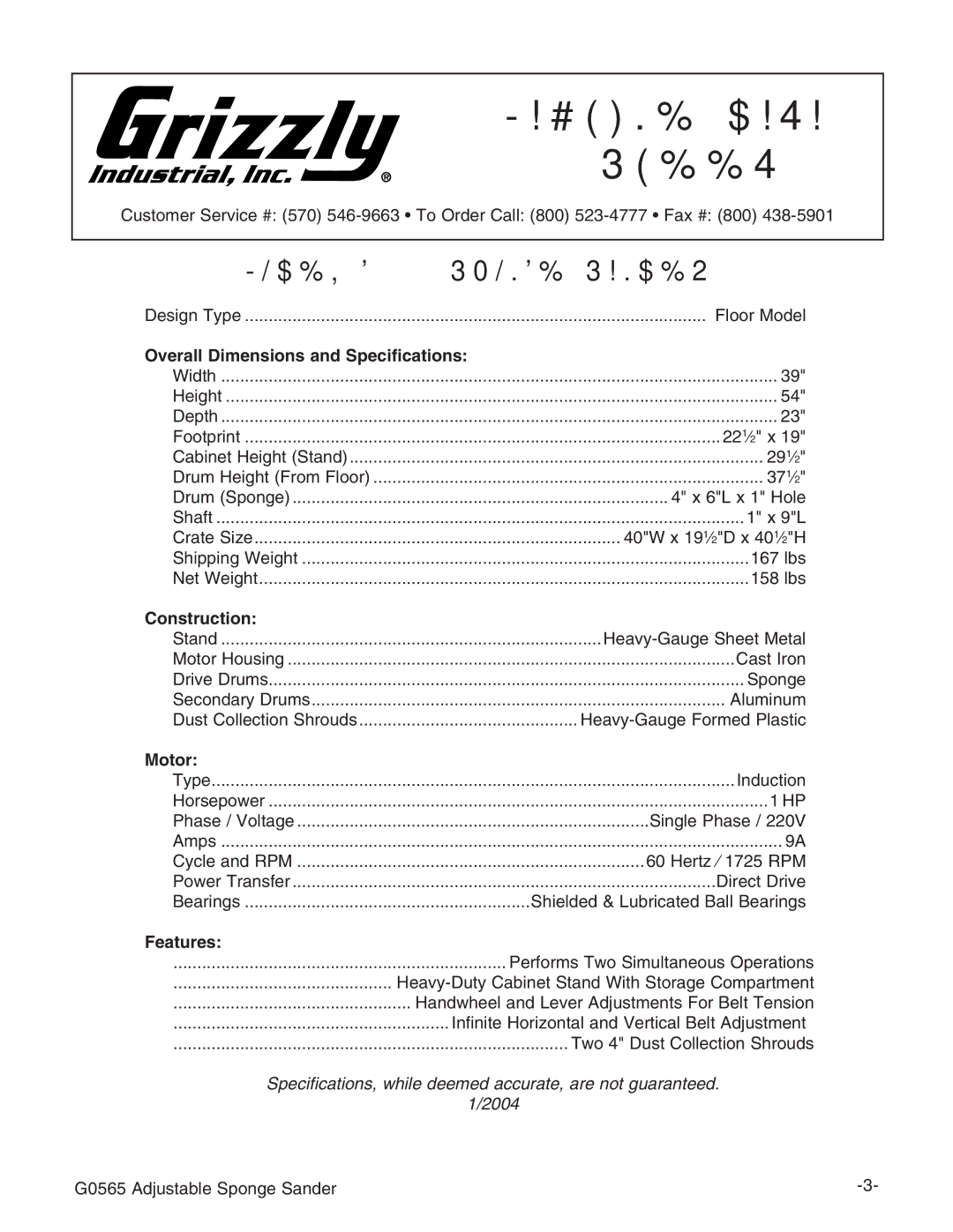 Grizzly G0565 instruction manual Overall Dimensions and Specifications, Construction, Motor, Features 