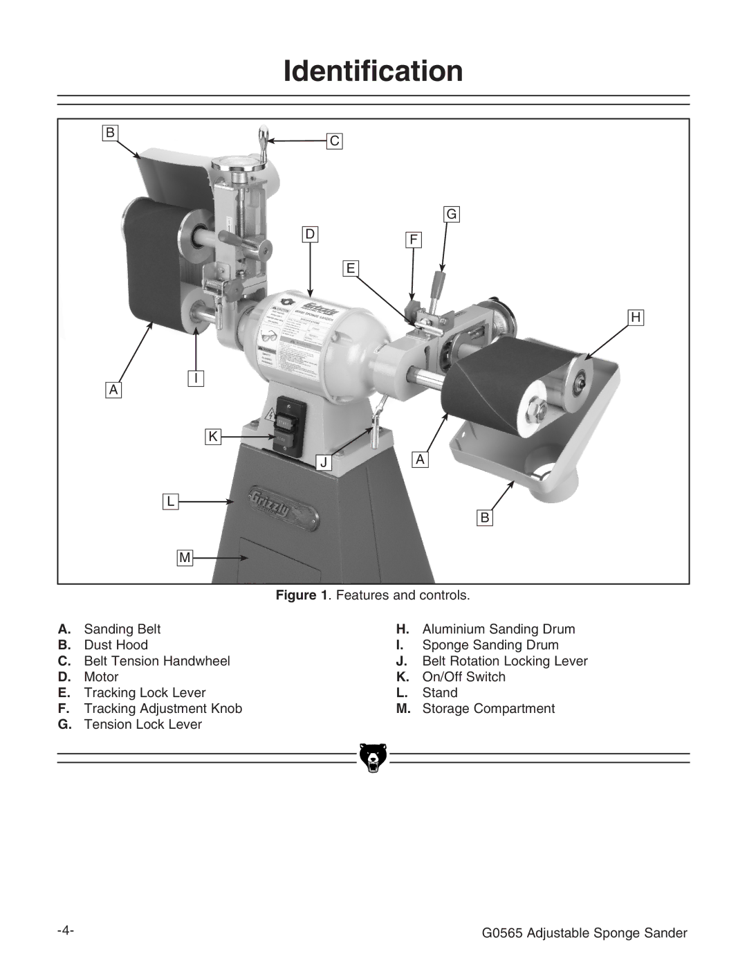 Grizzly G0565 instruction manual Identification, Features and controls 