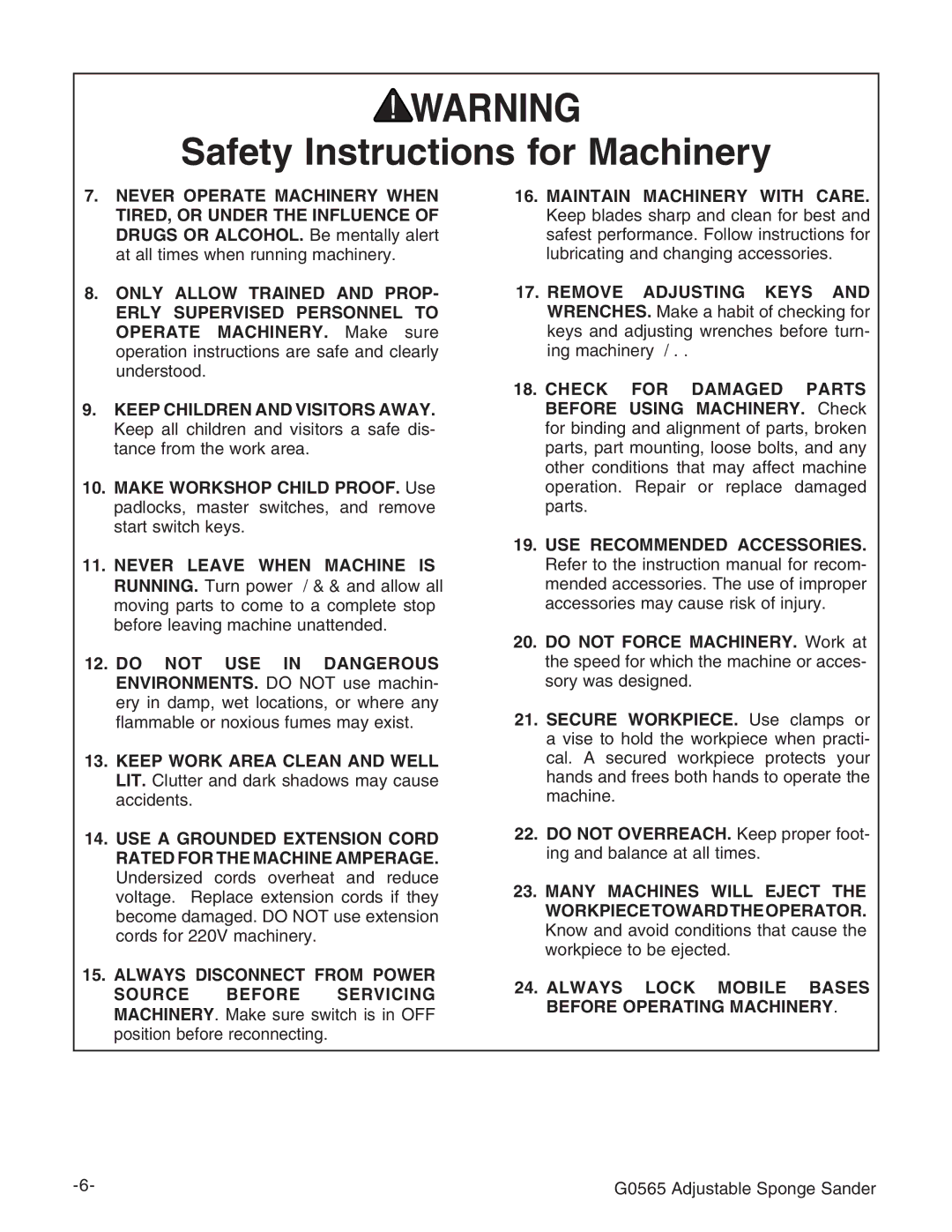 Grizzly G0565 instruction manual Always Lock Mobile Bases Before Operating Machinery 