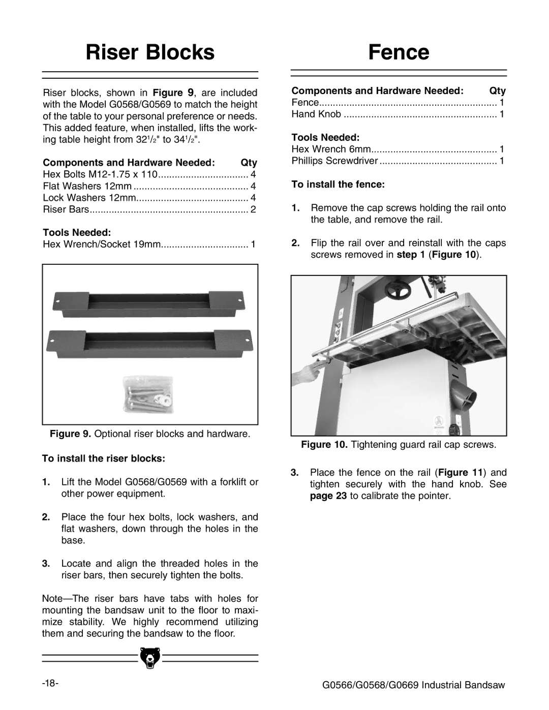 Grizzly G0566 manual 2ISER Locks Ence, #OMPONENTS and Ardware .EEDED 1TY, 4OOLSO.EEDED, 4O INSTALLTTHEHRISERSBLOCKS 