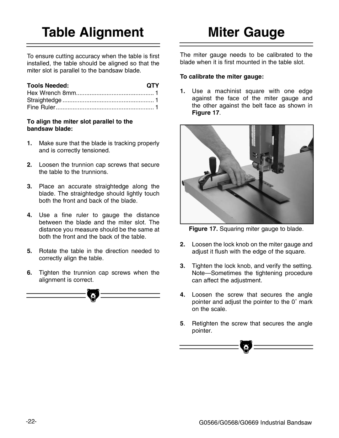 Grizzly G0566 manual 4ABLE !LIGNMENT, Iterrauge, 4O Calibrate the Miter GAUGE 