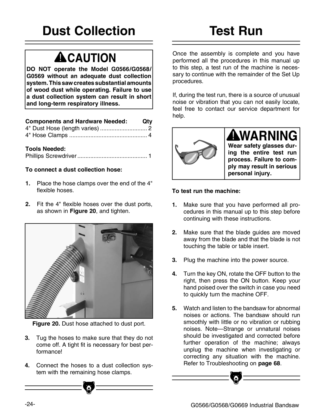 Grizzly G0566 manual $Ust #Ollection, 4EST 2UN, 4O Connectnaadust Collection HOSE, 4O Test RUNUTHEHMACHINE 