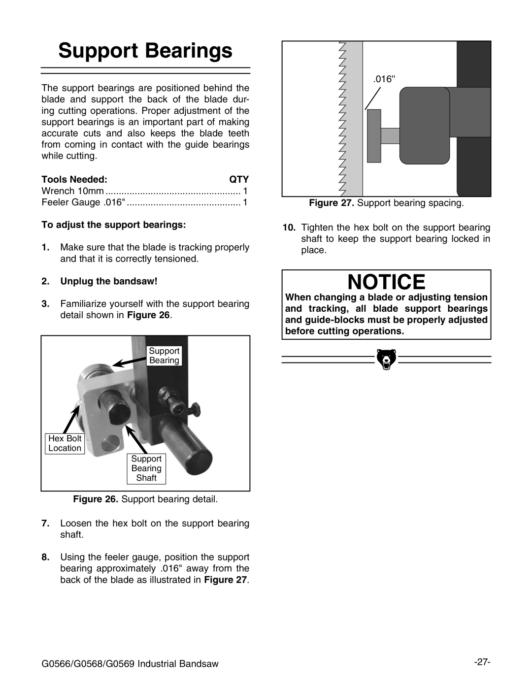 Grizzly G0566 manual 3UPPORT Earings, 4O Adjust THEHSUPPORTPBEARINGS, #%&+ Igure HjeedgiWZVgc\heVXc\# 