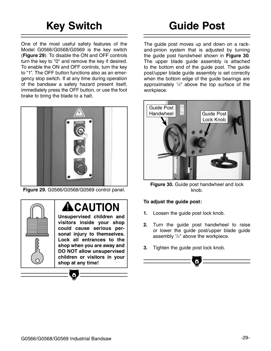 Grizzly G0566 manual +EY 3WITCH Uide 0OST, 4O Adjust the Guide POST 