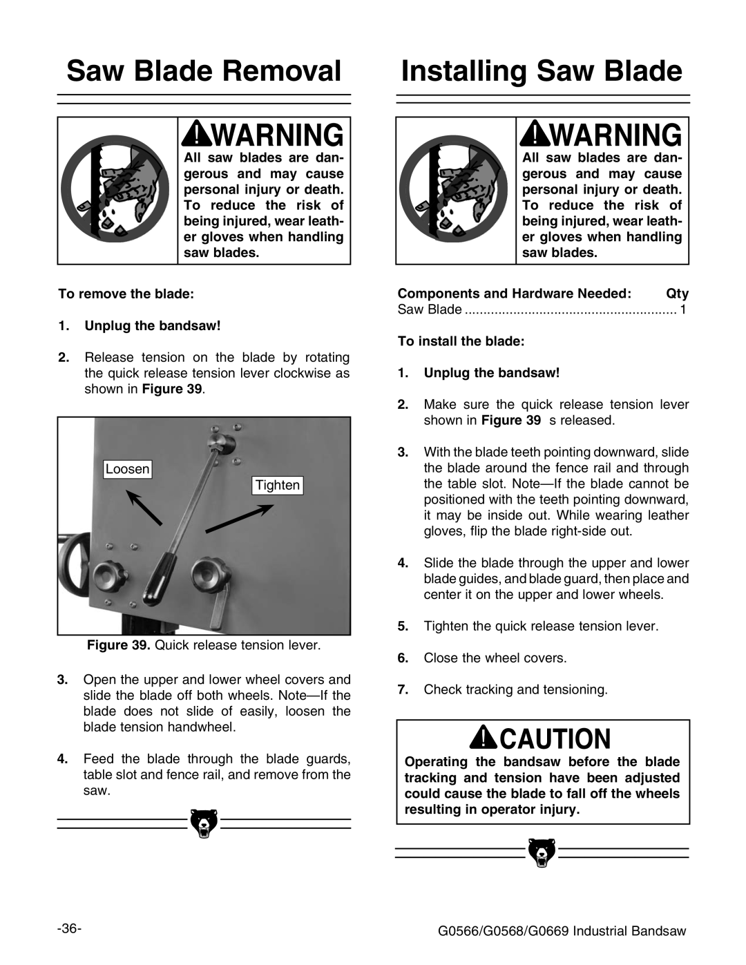 Grizzly G0566 manual 4O Remove THEHBLADE  5NPLUG THEHBANDSAW, AddhZc \iZc Igure FjX`gZaZVhZiZchdcaZkZg# 