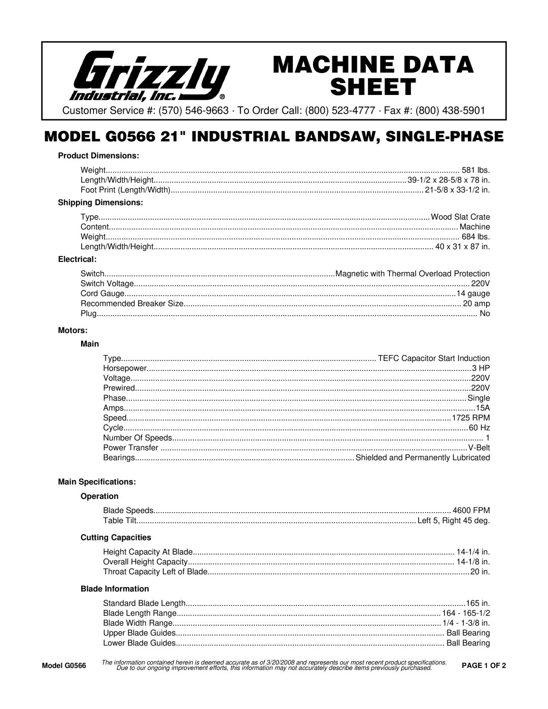 Grizzly G0566 specifications Product Dimensions, Shipping Dimensions, Electrical, Motors Main, Cutting Capacities 