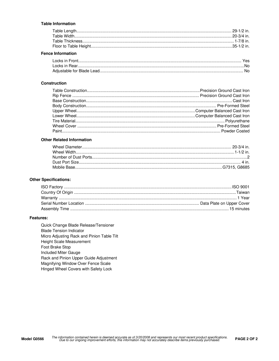 Grizzly G0566 Table Information, Fence Information, Construction, Other Related Information, Other Specifications 