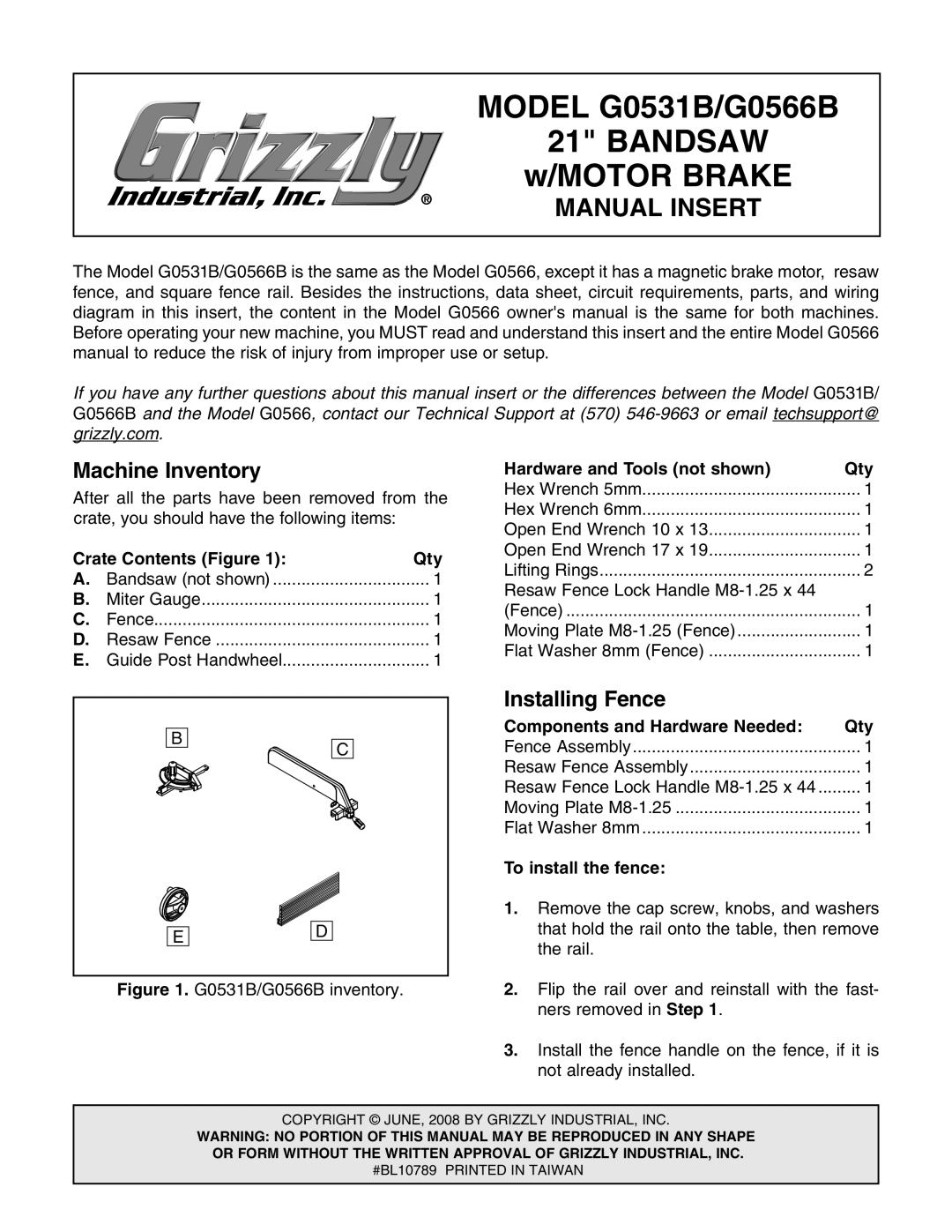 Grizzly g0531b, G0566B manual Machine Inventory, Installing Fence 