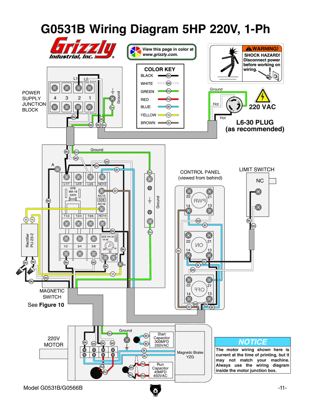 Grizzly g0531b, G0566B manual G0531B Wiring Diagram 5HP 220V, 1-Ph, See Figure 