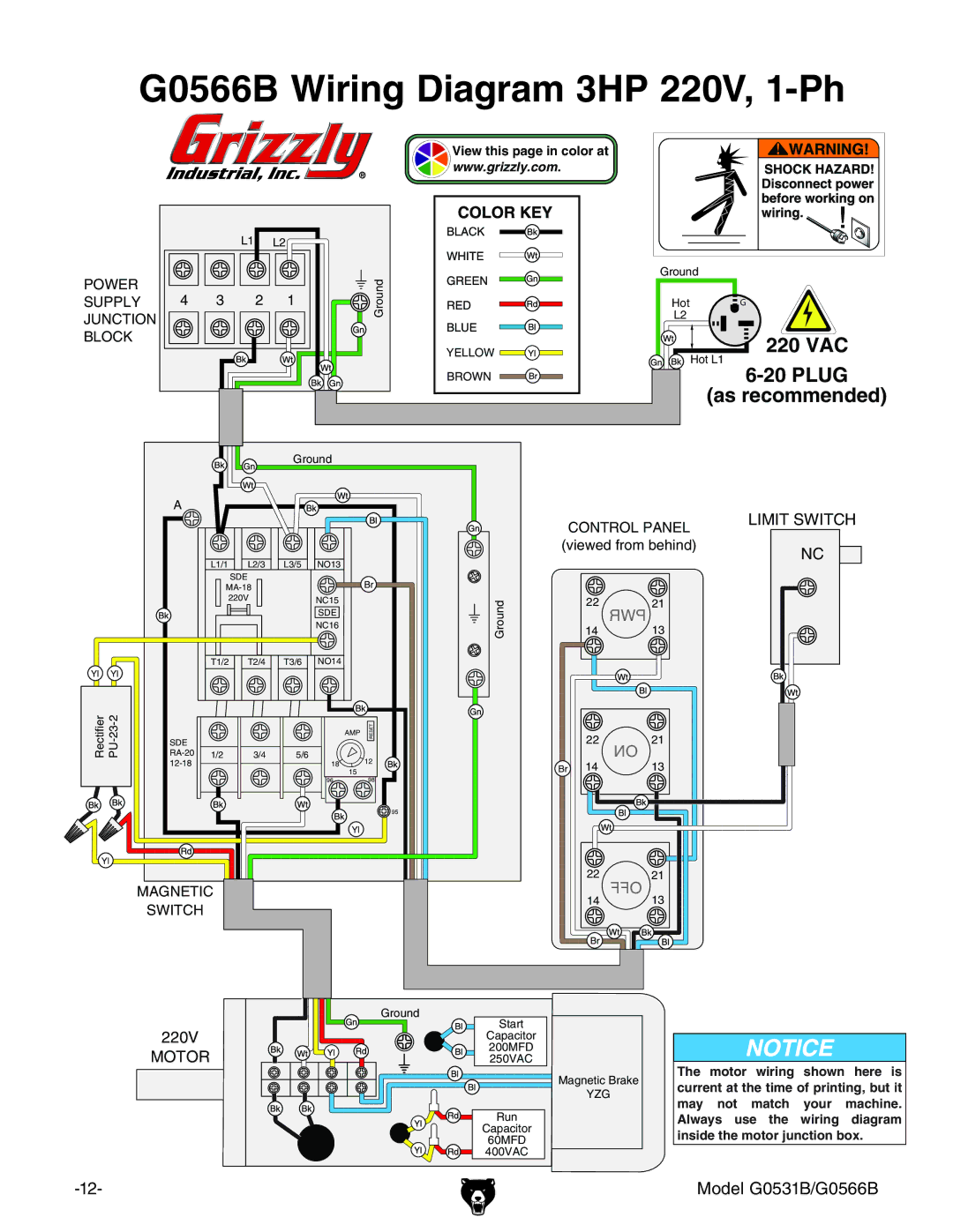 Grizzly g0531b manual G0566B Wiring Diagram 3HP 220V, 1-Ph 