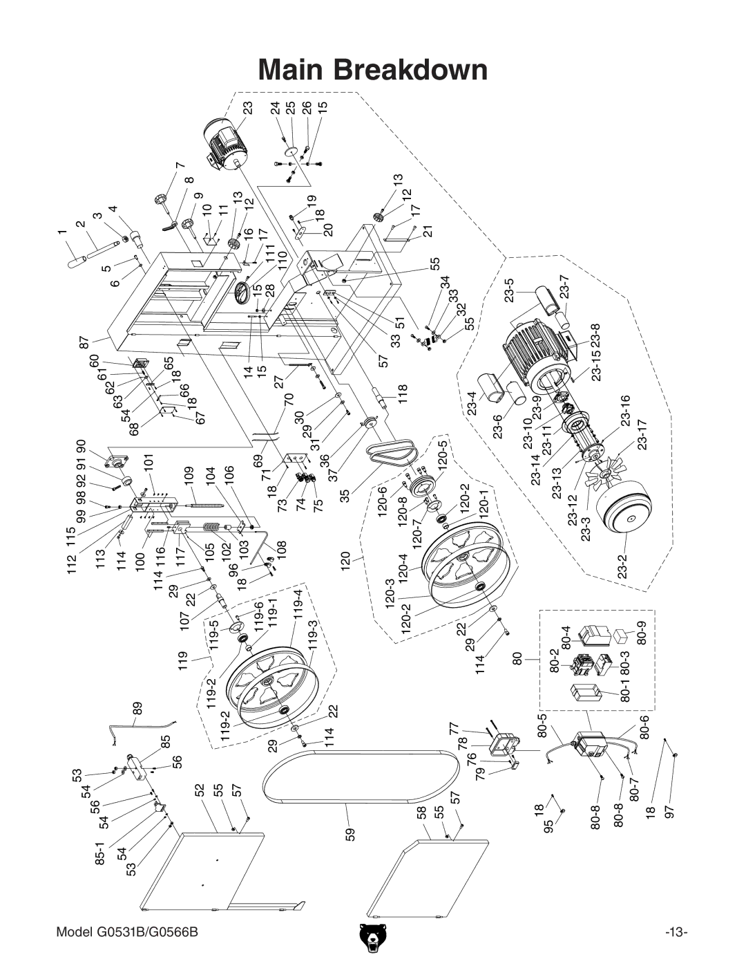 Grizzly g0531b, G0566B manual Main Breakdown 