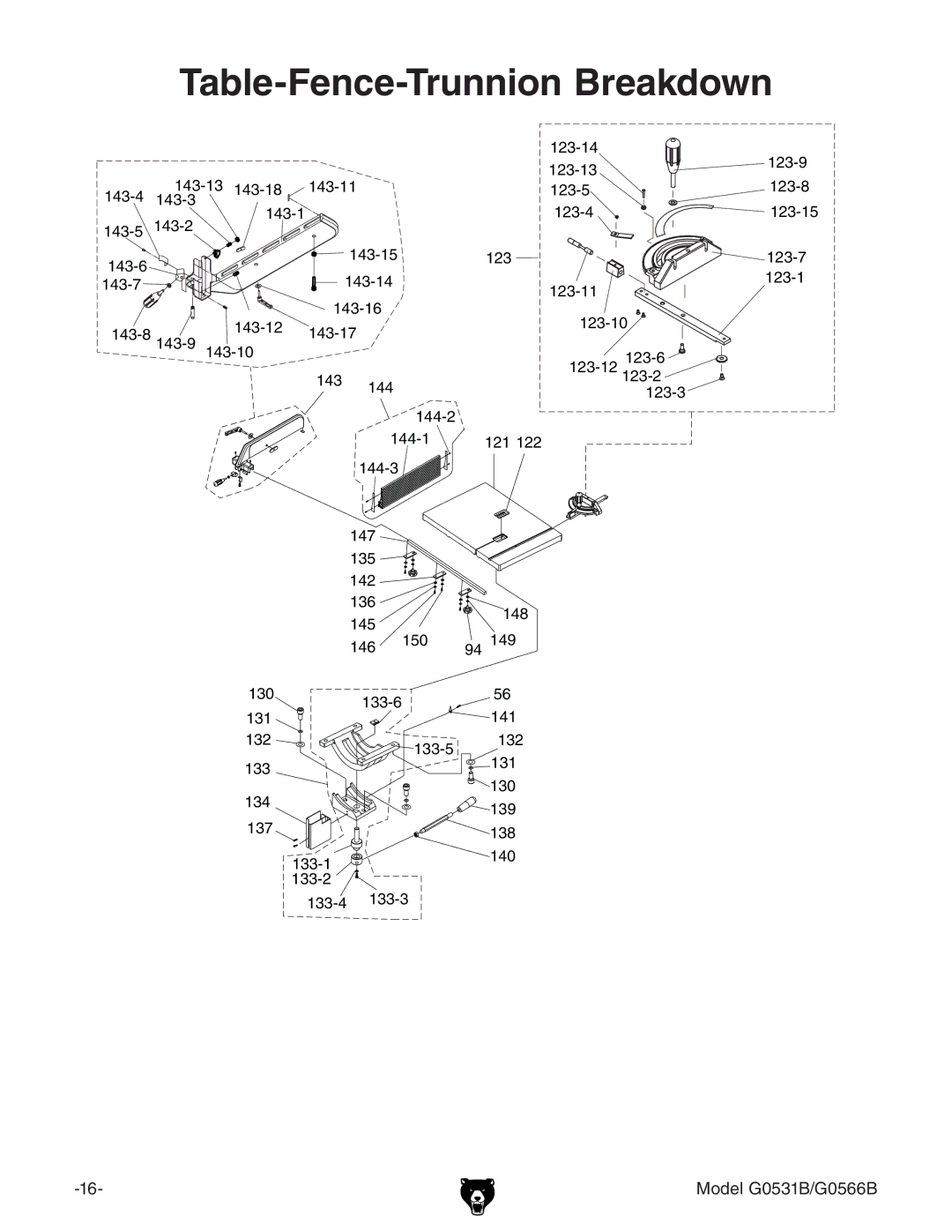 Grizzly G0566B, g0531b manual Table-Fence-Trunnion Breakdown 