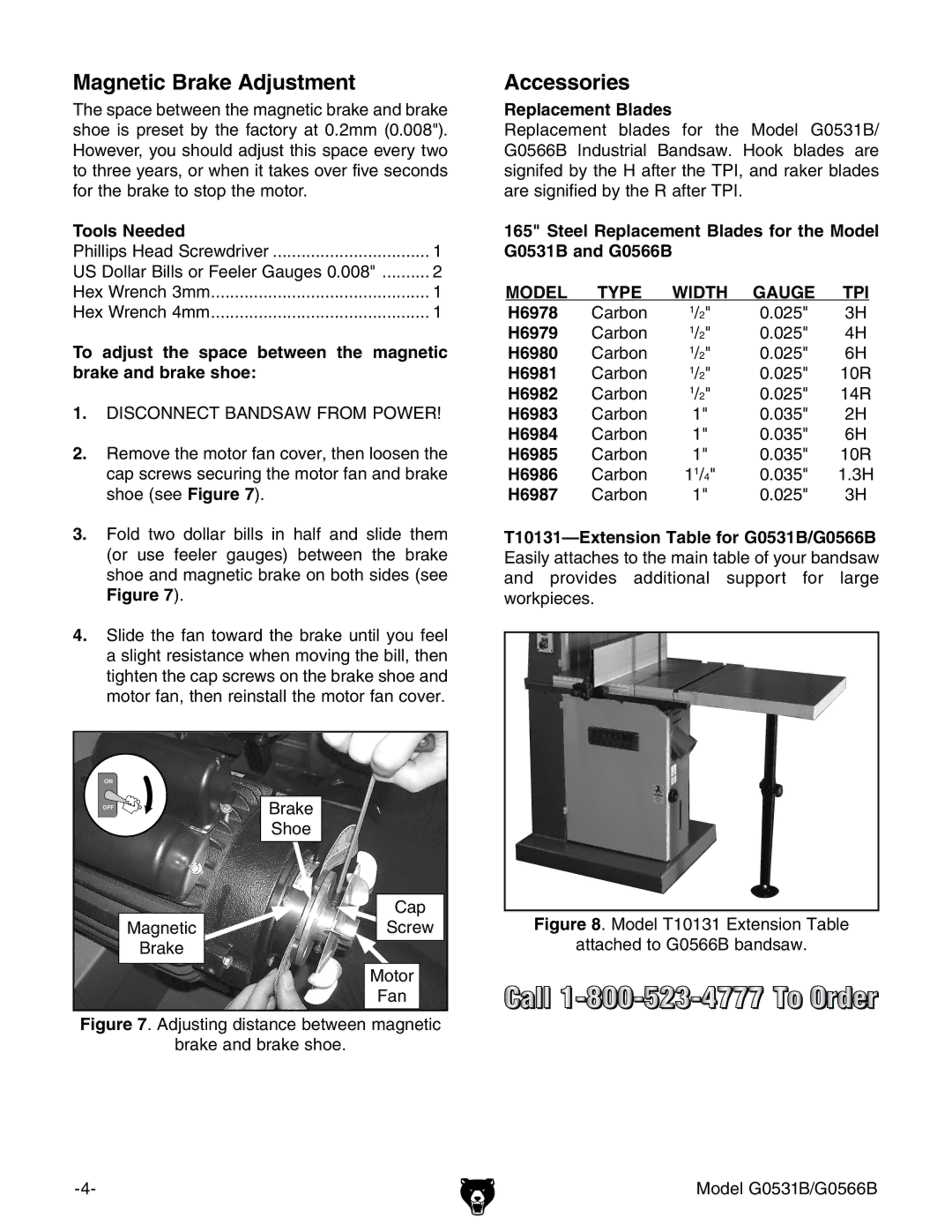 Grizzly G0566B, g0531b manual Magnetic Brake Adjustment, Accessories 