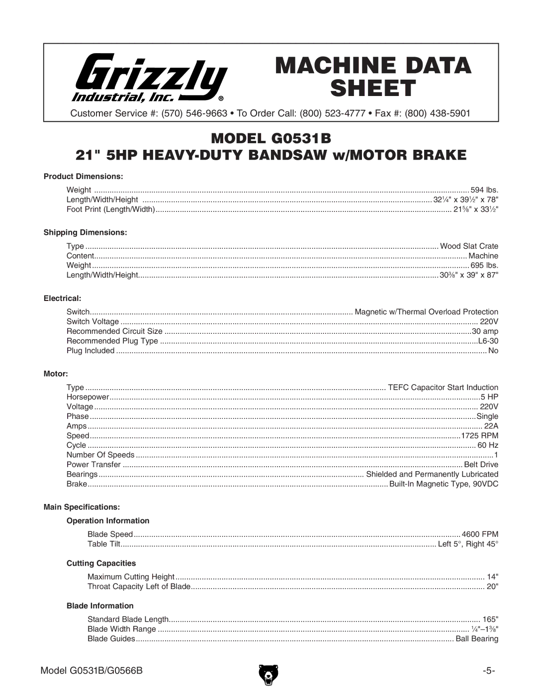 Grizzly g0531b, G0566B manual Machine Data Sheet 