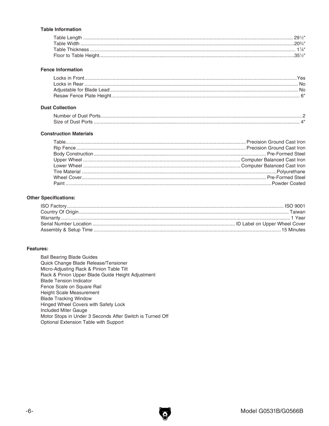 Grizzly G0566B, g0531b manual Table Information 