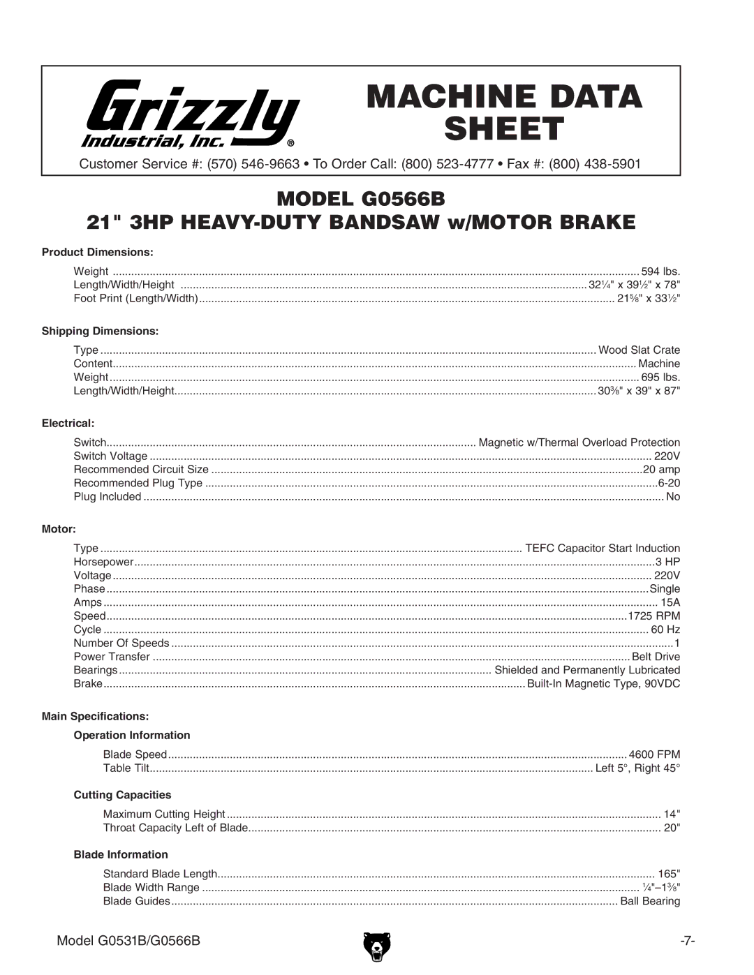 Grizzly g0531b manual Model G0566B 