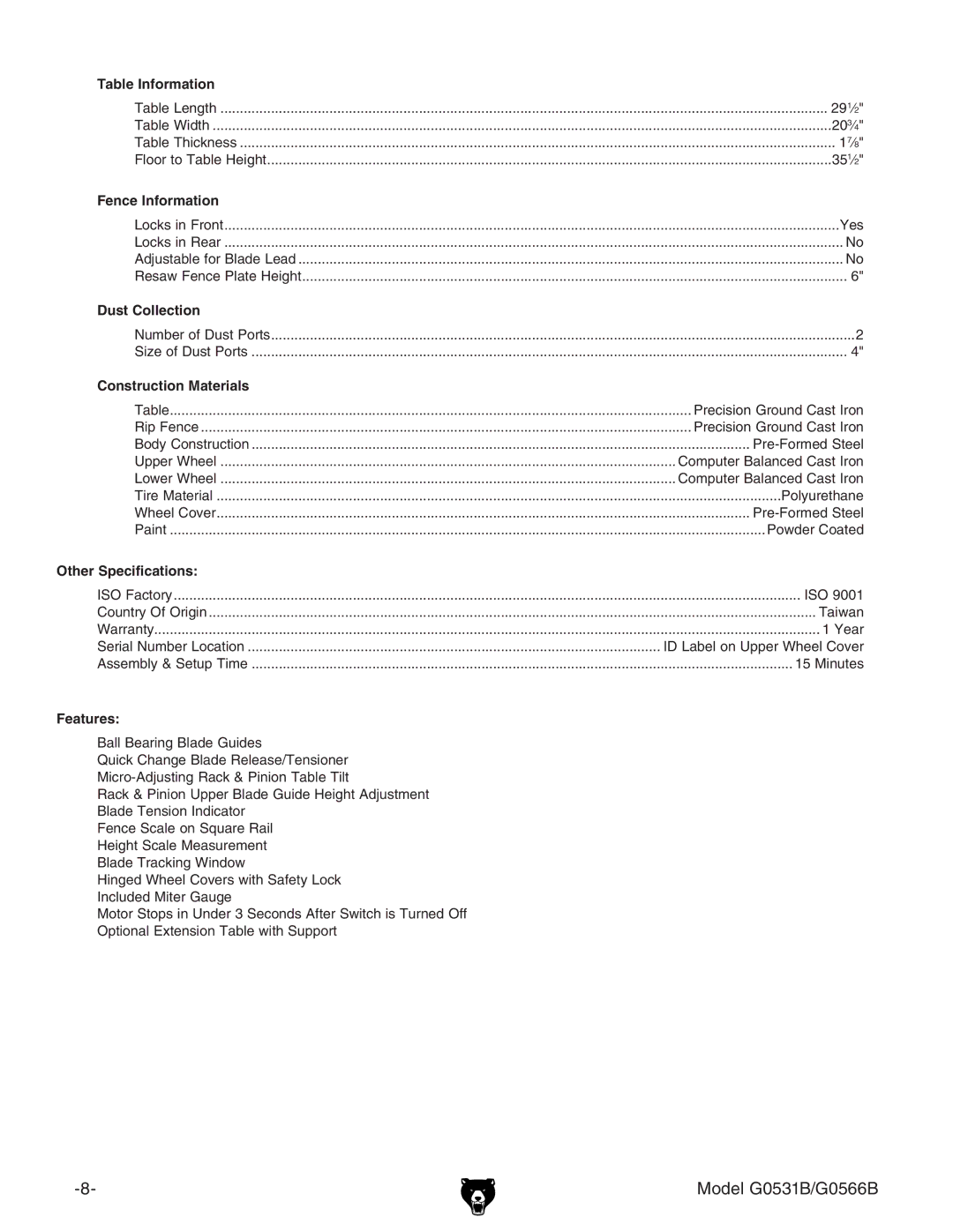 Grizzly g0531b manual Model G0531B/G0566B 