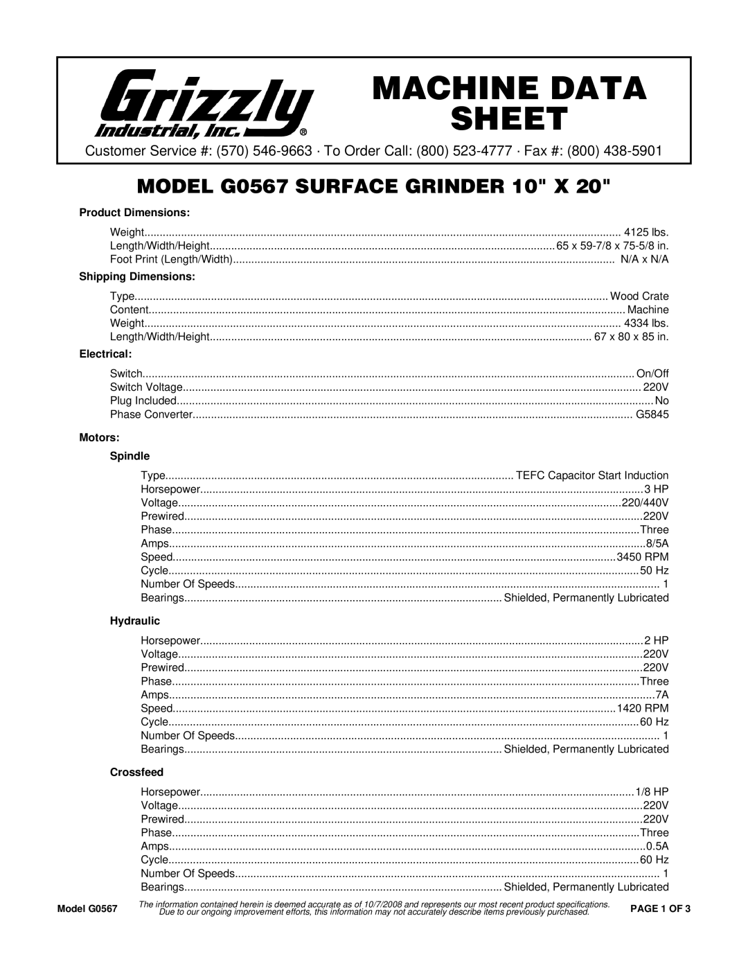 Grizzly G0567 specifications Product Dimensions, Shipping Dimensions, Electrical, Motors Spindle, Hydraulic, Crossfeed 