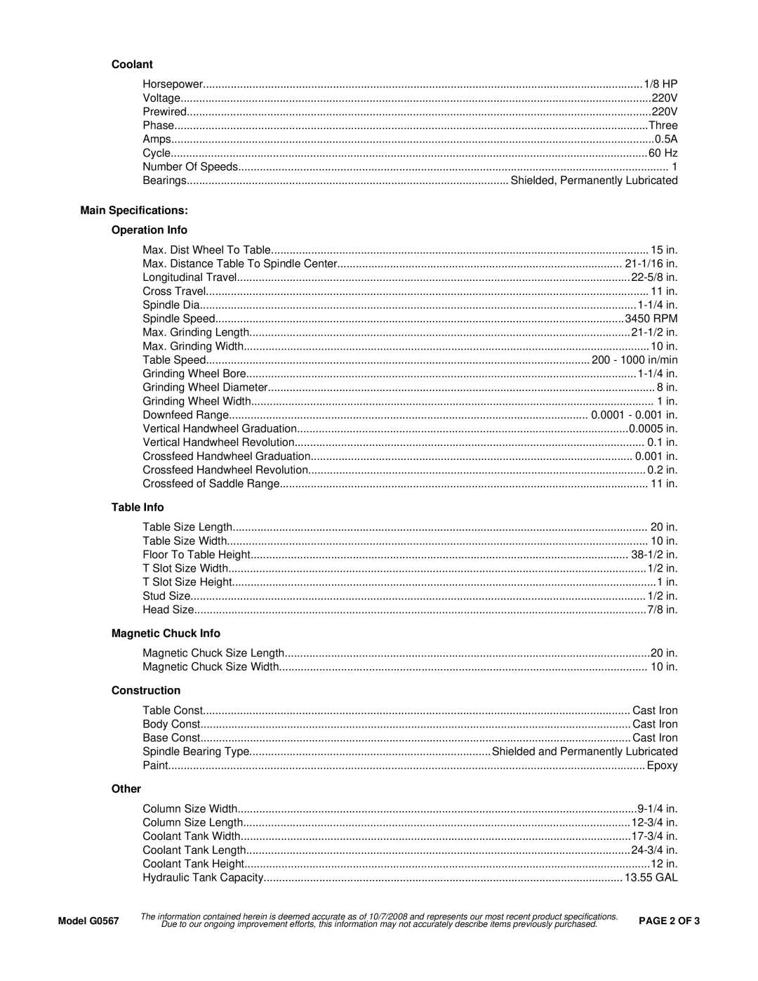 Grizzly G0567 Coolant, Main Specifications Operation Info, Table Info, Magnetic Chuck Info, Construction, Other 