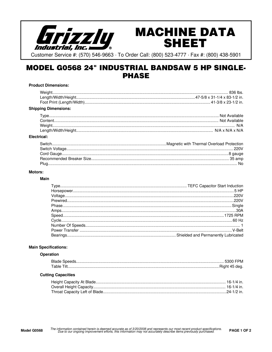 Grizzly G0568 specifications Product Dimensions, Shipping Dimensions, Electrical, Motors Main, Cutting Capacities 