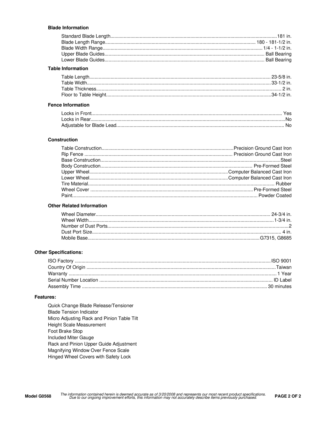 Grizzly G0568 Blade Information, Table Information, Fence Information, Construction, Other Related Information, Features 