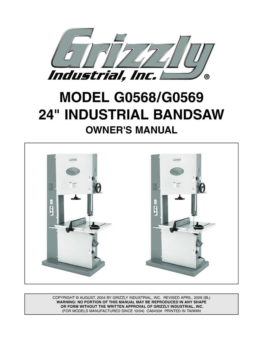 Grizzly G0568, G0569 owner manual Industrial Bandsaw 