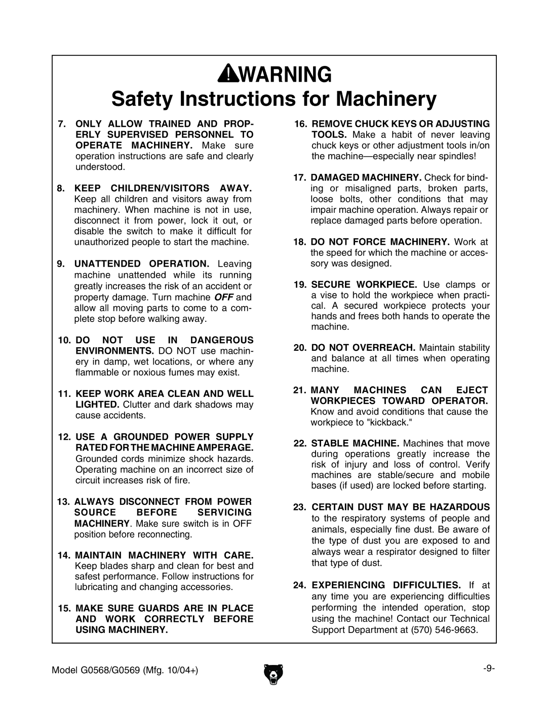 Grizzly G0568, G0569 owner manual Keep CHILDREN/VISITORS Away 