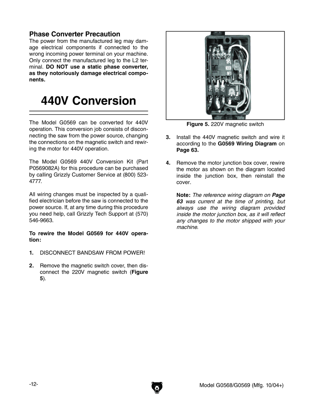 Grizzly G0568 owner manual 440V Conversion, To rewire the Model G0569 for 440V opera- tion,  9H8DCC8I76C9H6LGDBEDLG 