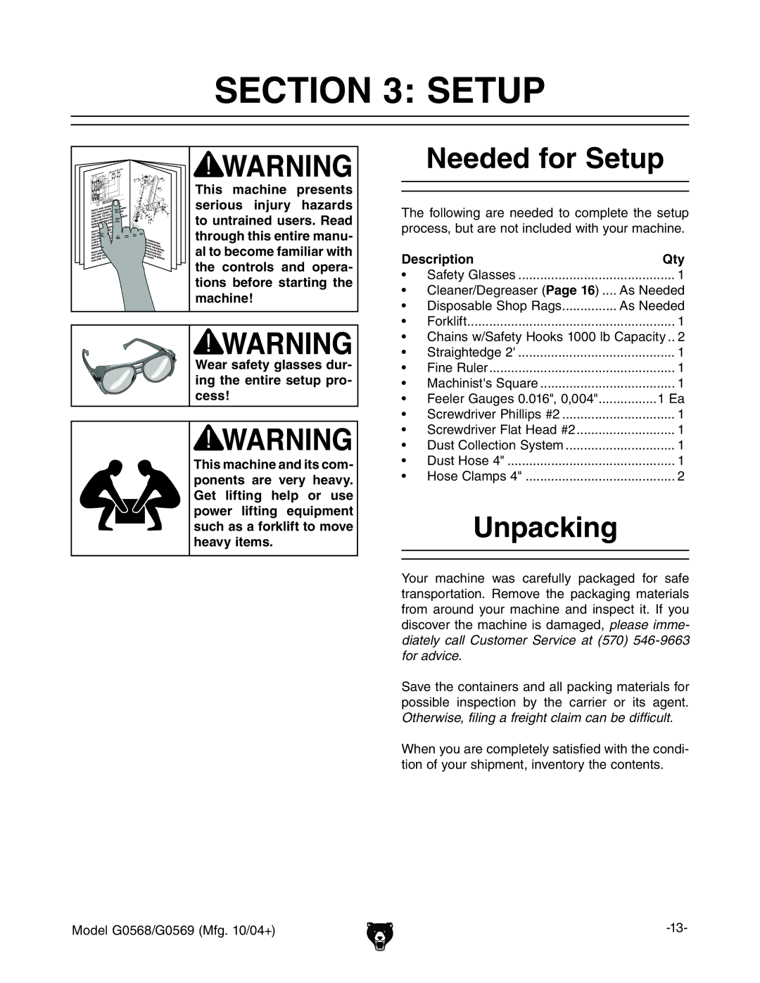 Grizzly G0568, G0569 owner manual Needed for Setup, Unpacking, Description Qty 