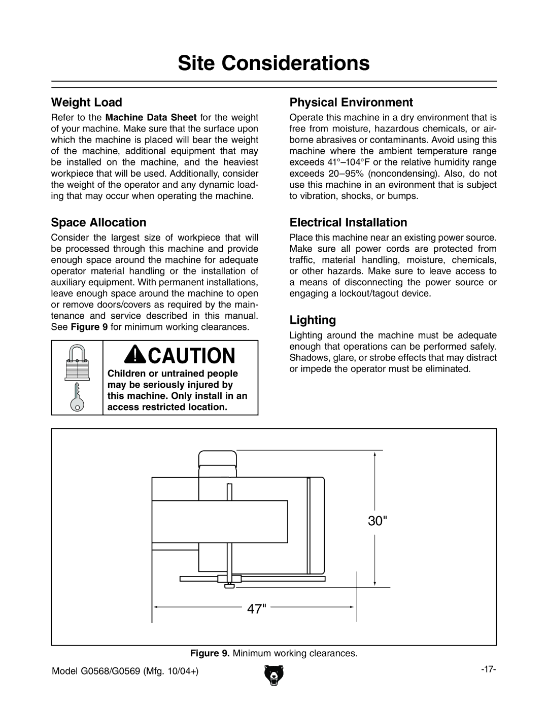 Grizzly G0568, G0569 owner manual Site Considerations, Bcbjbldg`c\XaZVgVcXZh# BdYZa%*+-$%*+.B\#&%$%  