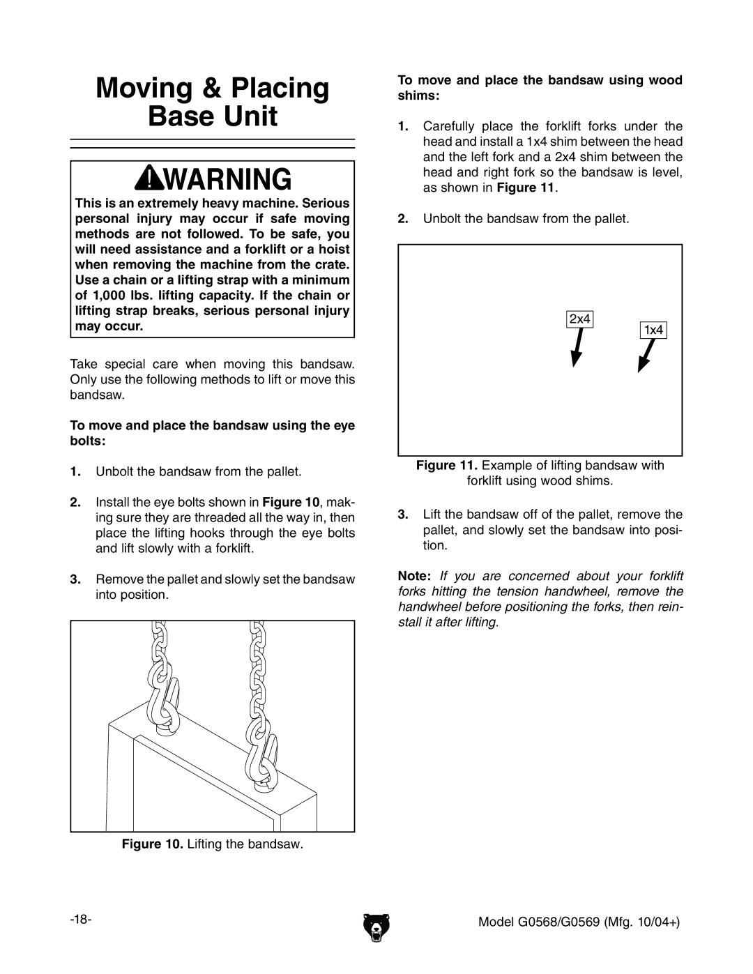 Grizzly G0569, G0568 owner manual Moving & Placing Base Unit, To move and place the bandsaw using the eye bolts 