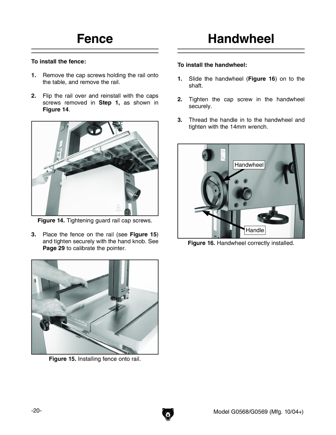 Grizzly G0569, G0568 owner manual FenceHandwheel, To install the fence, To install the handwheel, =VcYlZZa =VcYaZ 