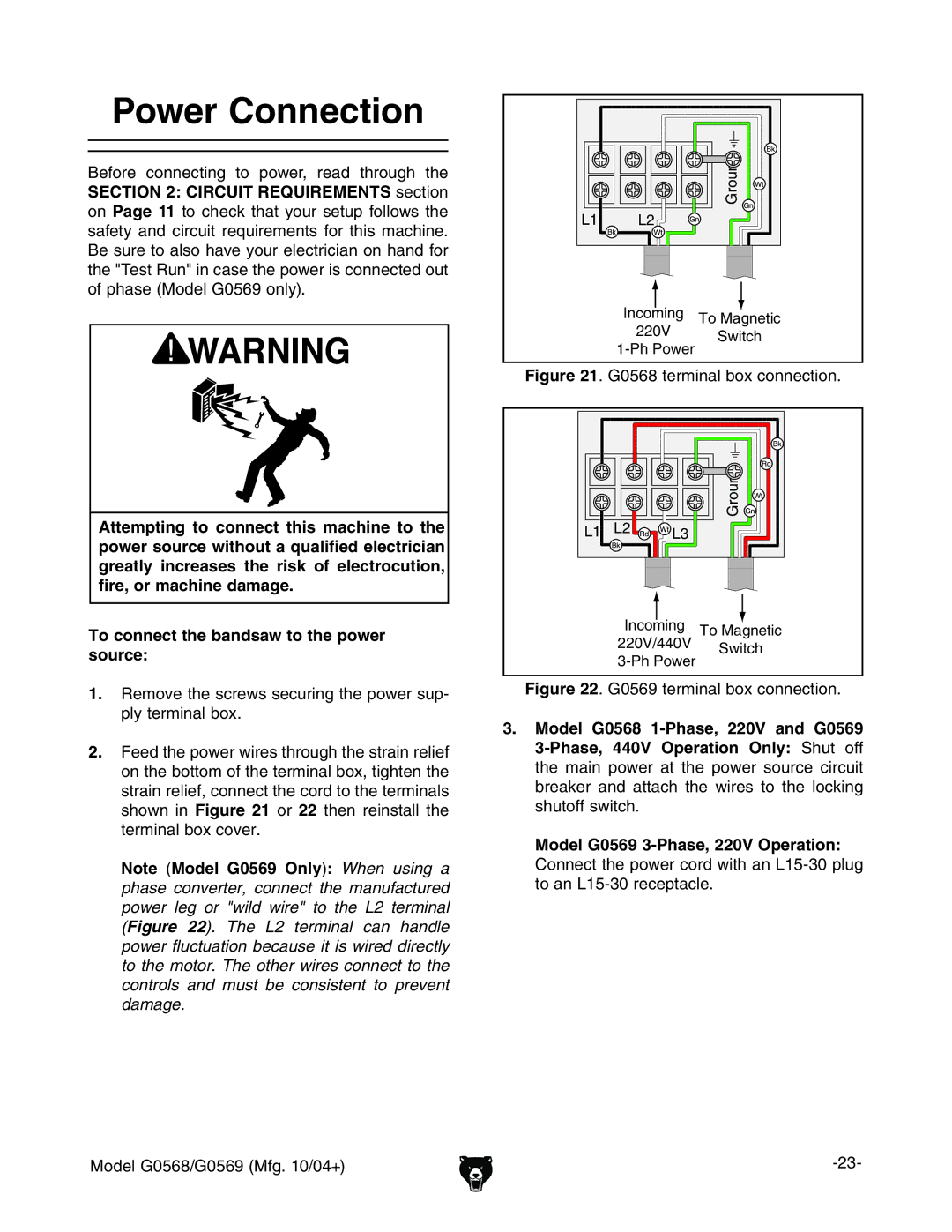 Grizzly G0568, G0569 owner manual Power Connection,  GZbdkZiZhXgZlhhZXjgc\iZedlZghje eaniZgbcVaWdm#, GdjcY 