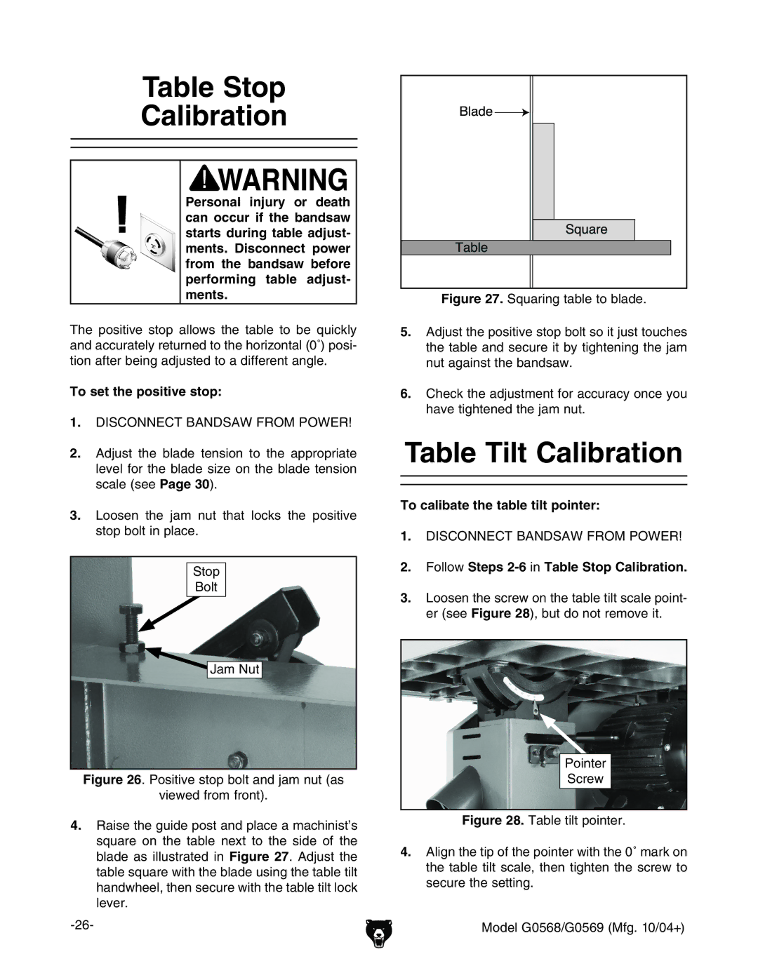 Grizzly G0569 Table Stop Calibration, Table Tilt Calibration, To set the positive stop, To calibate the table tilt pointer 