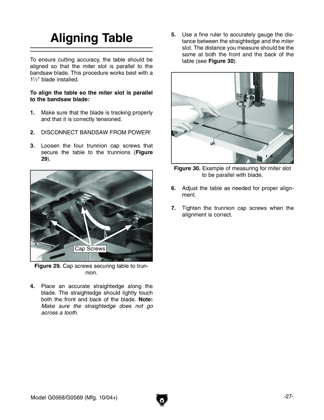 Grizzly G0568, G0569 owner manual Aligning Table, 8VehXgZlhhZXjgc\iVWaZidigjc Cdc# 